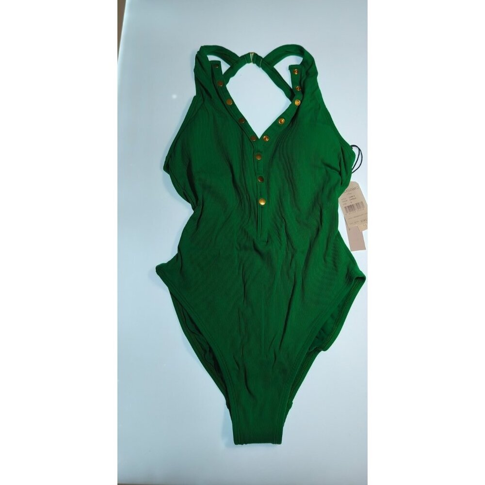 Robin Piccone Amy Emerald Green Ribbed One Piece Swimsuit Gold Buttons Sz 8,14